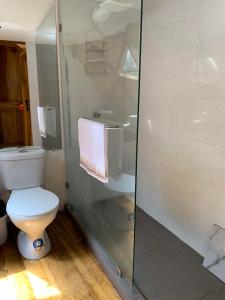 uma casa de banho com um WC e uma cabina de duche em vidro. em Magic Elf Glamping em Mindo