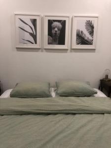 un dormitorio con tres fotos de un perro en la pared en Grandma`s house in Lisbon, en Odivelas