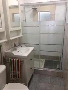 a bathroom with a shower and a sink and a toilet at Grandma`s house in Lisbon in Odivelas