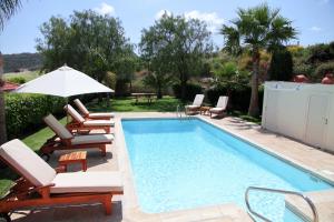 a swimming pool with lounge chairs and an umbrella at Eve Pissouri Rozaki Villa in Pissouri