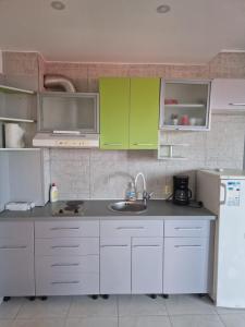 cocina con armarios verdes, fregadero y nevera en Maria Residence 2B, en Costinesti
