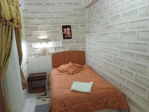 Hostal Cabaña Blanca : غرفة نوم صغيرة مع سرير في جدار من الطوب