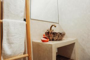 een badkamer met een kom op een tafel met een spiegel bij Auberge RIAD DLIM Tamraght in Tamraght Ouzdar