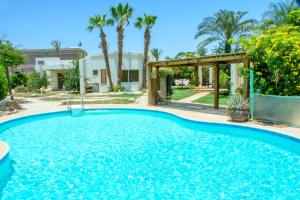 a swimming pool in front of a house with palm trees at Villa 19, Amwaj Oyoun Resort - Beach- AquaPark Free Access in Sharm El Sheikh