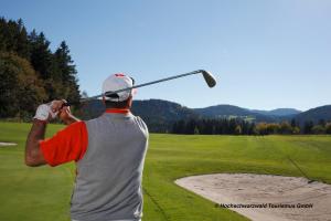 a man swinging a golf club on a golf course at BohoStyleApartment am See in Schluchsee