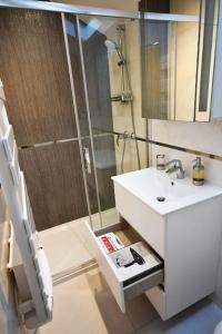 uma casa de banho com um chuveiro e um lavatório branco em Studio * Confort * Sérénité * La halte du Pèlerin em Bures-sur-Yvette