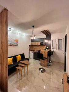 ein Wohnzimmer mit einem Sofa und einer Küche in der Unterkunft Apartman Lile Raca in Ohrid