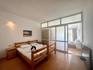 una camera da letto con un letto e un gatto seduto sopra di Апартамент Съни Хаус - Sunny House Apartment a Byala