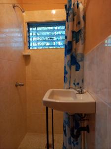 a bathroom with a sink and a shower and a window at Hostal Delmy in Suchitoto
