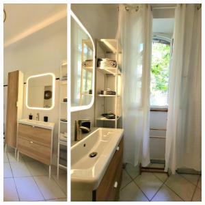 Duas fotografias de uma casa de banho com um lavatório e um espelho. em Au Centre de Villeneuve-lès-Avignon em Villeneuve-lès-Avignon