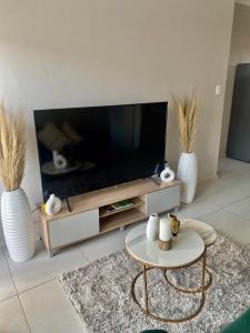 a living room with a flat screen tv and two white vases at Ladybug unit 3 (2) in Midrand