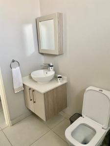 a bathroom with a sink and a toilet and a mirror at Ladybug unit 3 (2) in Midrand
