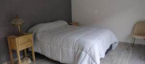ein Schlafzimmer mit einem weißen Bett und einem Tisch mit einer Lampe in der Unterkunft La casa de Flor in San Martín