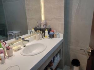 bagno con lavandino bianco e specchio di ALTOS DEL GUADALQUIVIR a Tarija
