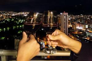 two people holding up two glasses of wine at Meteor Shower in Sapporo