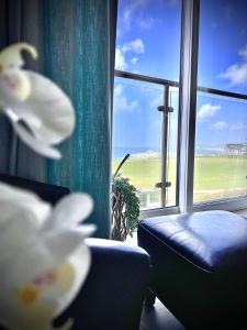 Habitación con ventana y vistas al océano. en Stunning Sea Views, luxury apartment beaches & restaurants are a short walk away en Newquay