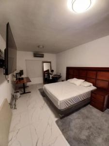 um quarto com uma cama, uma secretária e uma televisão em apartamento a 15 mins del centro em Tepic