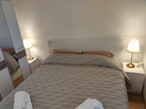 a bed in a room with two lamps and a mirror at Veranda in Saborsko