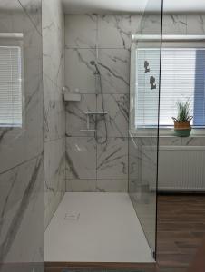 a bathroom with a shower with marble walls at Domen's cozy rentals in Kranj +32 photos
