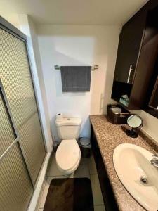 a bathroom with a toilet and a sink and a shower at Modern Condo in Ecovivienda in Tegucigalpa