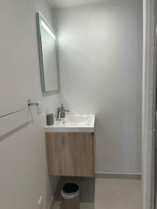 a white bathroom with a sink and a mirror at Le Studio 202 in Jasseron