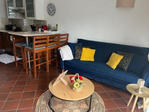 uma sala de estar com um sofá azul e uma mesa em Cozy one bedroom apartment in a secure complex , PORT CHAMBLY Mauritius em Terre Rouge