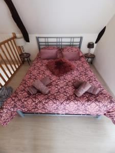 ein Schlafzimmer mit einem Bett mit einer rosa Decke und Kissen in der Unterkunft JOLIE MAISON DE VILLAGE in Mégrit