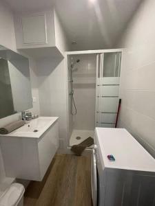 ein weißes Bad mit einer Dusche und einem Waschbecken in der Unterkunft Studio cosy rue Alexander Taylor, Wifi, 2 pers in Pau
