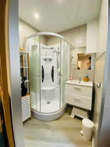 bagno con doccia e lavandino di Très bel appartement Cauterets centre 6 places a Cauterets