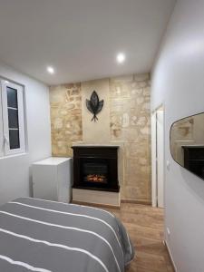 un salon avec une cheminée et un lit dans l'établissement Appartement en face de la gare Saint Jean, à Bordeaux 2 autres photos