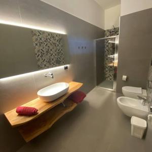 ein Badezimmer mit einem weißen Waschbecken und einem Spiegel in der Unterkunft Sonia’s sea house in San Pietro in Bevagna