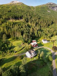 an aerial view of a farm in the mountains at Dispen feriehus in Stryn