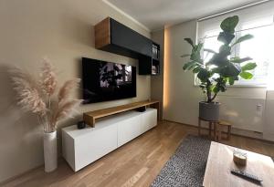 uma sala de estar com uma televisão de ecrã plano e plantas em Trendy Getaway em Ljubljana