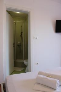 a bathroom with a shower and a toilet in a room at Bjelopera Rooms in Zaton