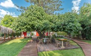 德尼亞的住宿－Boho Suites Denia，树下带桌椅的木制甲板