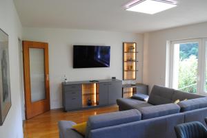 a living room with a couch and a flat screen tv at FeWo-Hochblauen in Badenweiler