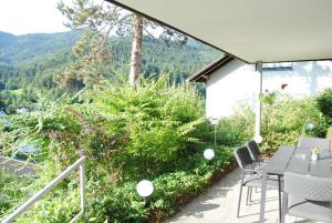 a patio with a table and chairs and a view at FeWo-Hochblauen in Badenweiler