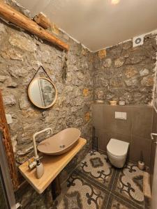 bagno in pietra con lavandino e servizi igienici di Chateau Orman 