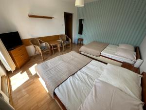 緬滋波爵的住宿－Villa Horyzont，客房设有两张床、一张桌子和电视。