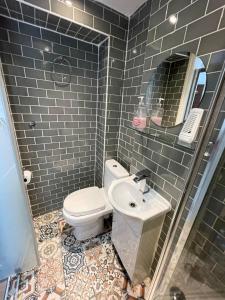 a bathroom with a toilet and a sink and a mirror at ND Hotel - Hyde Park in London