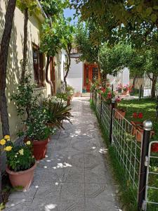 a walkway with potted plants and a fence at Kristina Mitllari 1 in Pogradec