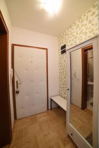 a bathroom with a sliding door in a room at Studio Matovic Vrnjacka Banja in Vrnjačka Banja