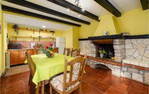 a dining room with a table and a fireplace at Awesome Home In Jurani With 4 Bedrooms, Wifi And Private Swimming Pool in Ružići