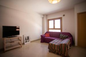 salon z fioletową kanapą i telewizorem w obiekcie Santa Clara Residence w Lizbonie