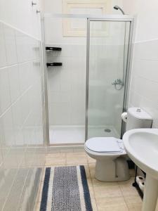 a bathroom with a shower and a toilet and a sink at Downtown Apartment in Horta