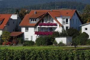 a white house with flowers in the window at Pension Keller in Reichenau