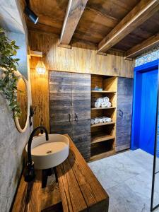 Łazienka z umywalką i drewnianą ścianą w obiekcie Stodoła między lasami - Roztocze w mieście Górniki