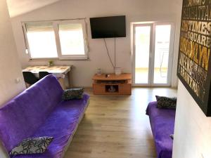 a living room with a purple couch and a tv at 7 PALMI Novigrad in Novigrad Istria