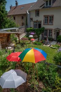 dois guarda-chuvas coloridos no quintal de uma casa em Les Gites du 74 R Le Vintage em Senones