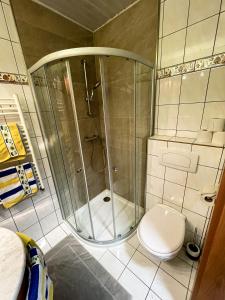 uma casa de banho com um chuveiro e um WC. em Appartement Klapotetz em Bad Gastein
